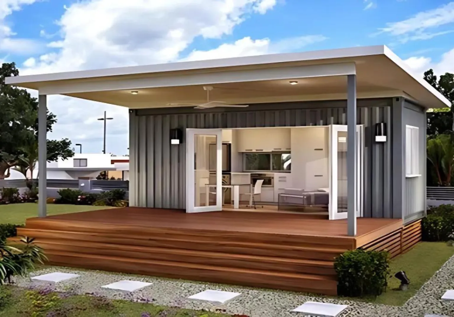 Mẫu nhà container kết hợp mái hiên tạo cảm giác thoáng đãng